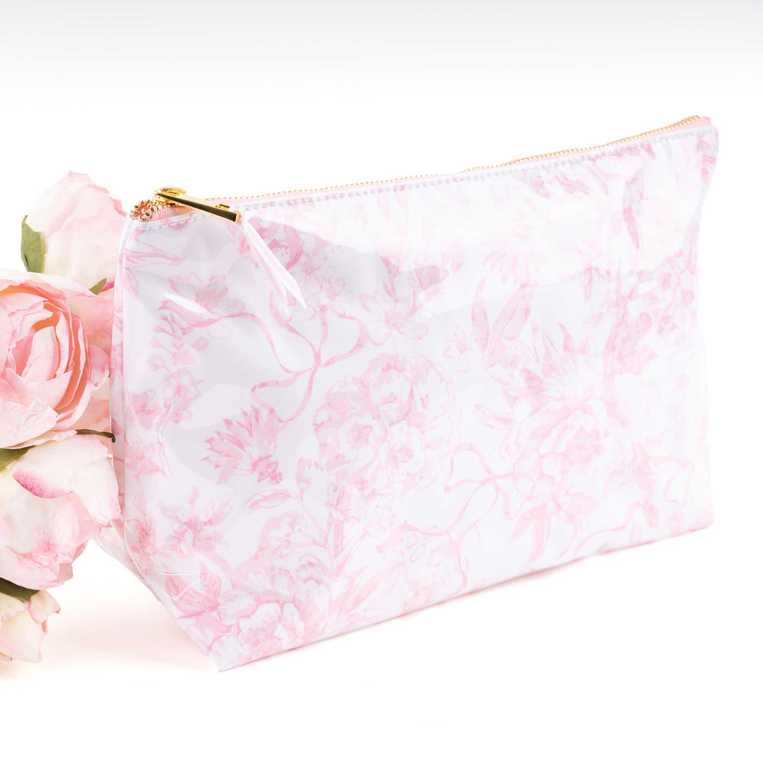 Pink Bow Toile Clear Coated Travel Cosmetic Case