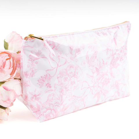 Pink Bow Toile Clear Coated Travel Cosmetic Case