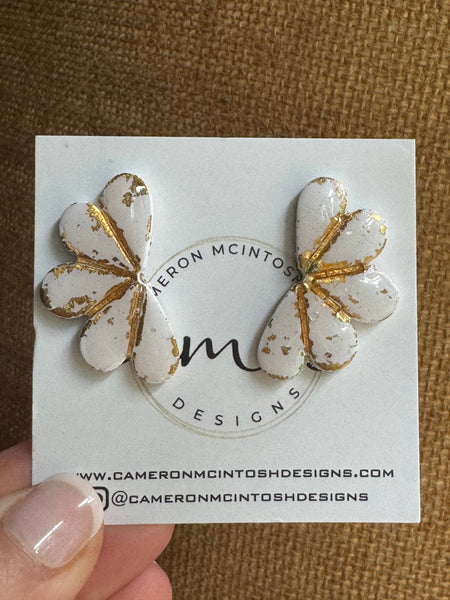 White + Gold Leaf Polymer Clay + Resin Flower Stud Earrings 