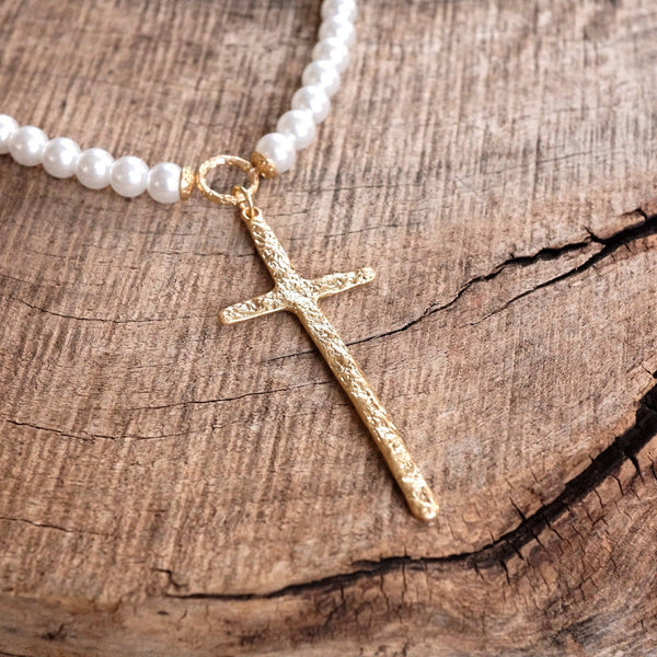 Primitive Cross Necklace Gold Pearl Turquoise Beads: Pearls