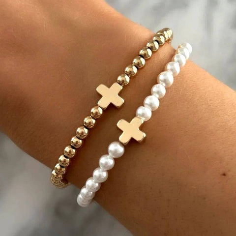 Gracie Cross Bracelet ~ 18k Gold-Plated Beads: Gold