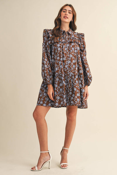 RUFFLE TRIM BUTTON DOWN MINI DRESS Deep Green Floral