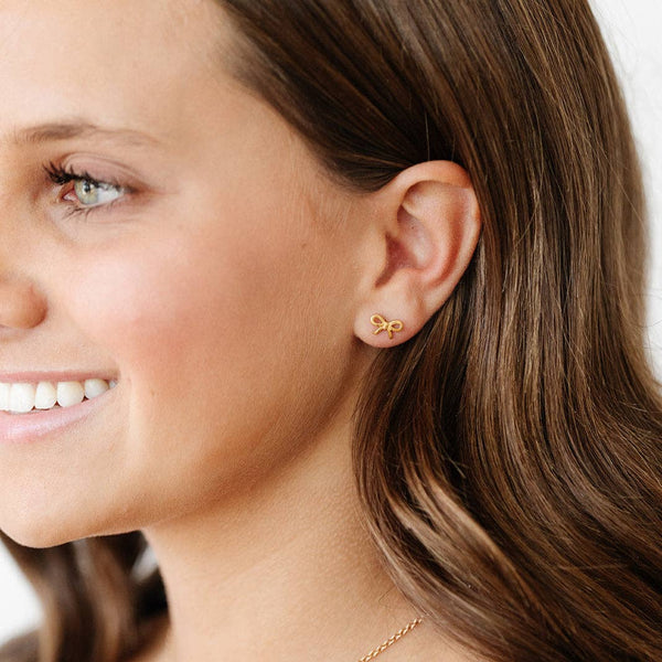 Bow Long Post Gold Stud - Hypoallergenic, Flat Back, Girl : Pair