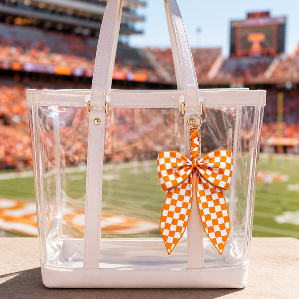 Game Day Checkered Bow Bag Charm: Burgundy/white