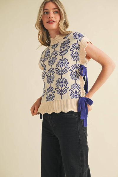 MOCK NECK FLORAL SWEATER VEST CROWN BLUE
