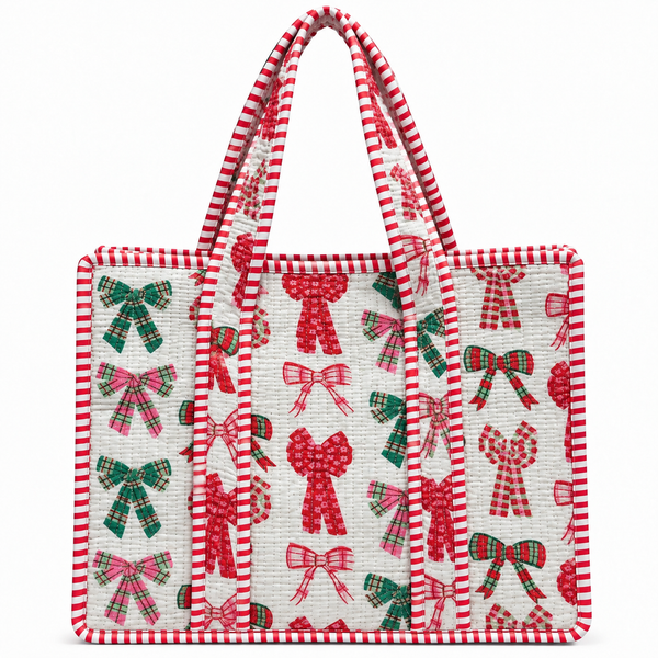 Christmas White Bow Quilted Bag Print: Large Tote