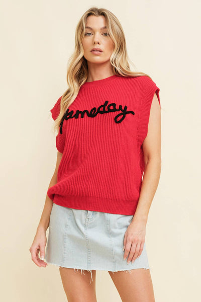 'GAMEDAY" EMBROIDERED SLEEVELESS SWEATER VEST