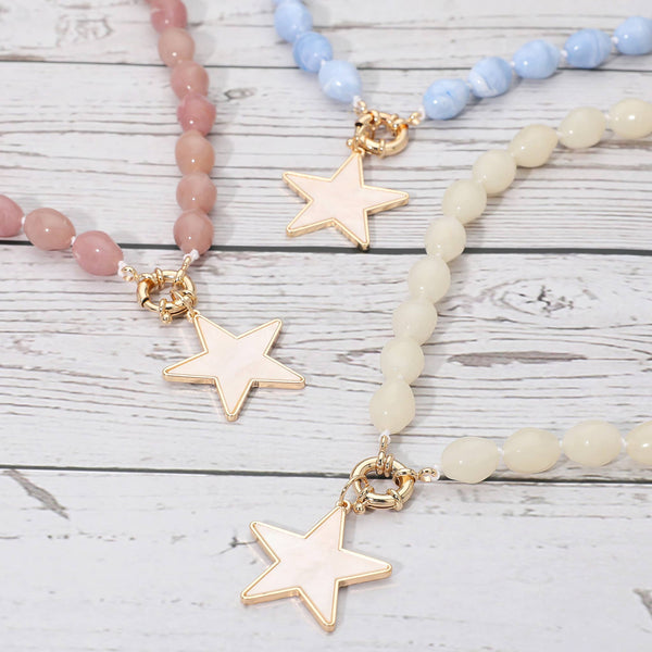 Mother of Pearl Star Pendant Marbled Pebble Beaded Necklace: Blue,Gold