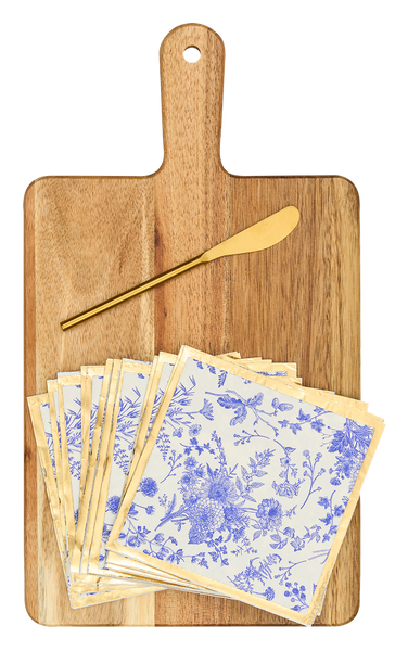 14x8" Acacia Board w/ Handle Gold Spreader, Timeless Napkin