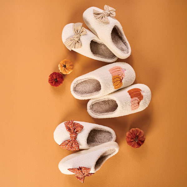 Fuzzy Slippers Bow Maple Gingham