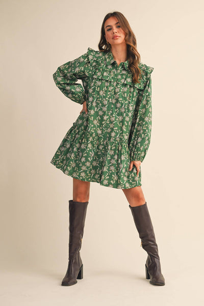 RUFFLE TRIM BUTTON DOWN MINI DRESS Deep Green Floral