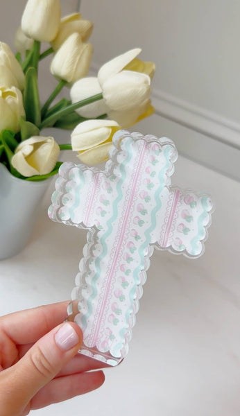 Scalloped Acrylic Cross Blocks : Pink Chinoiserie Cross