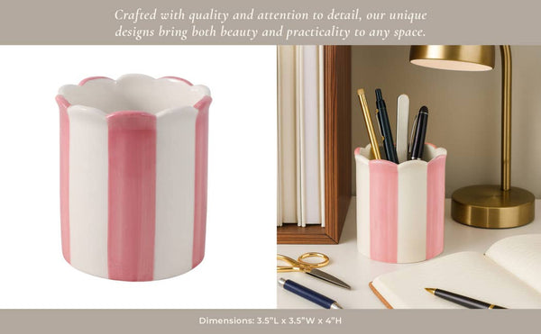 Pencil Cup - Pink/Ivory Ceramic Decorative Striped, 4 in.