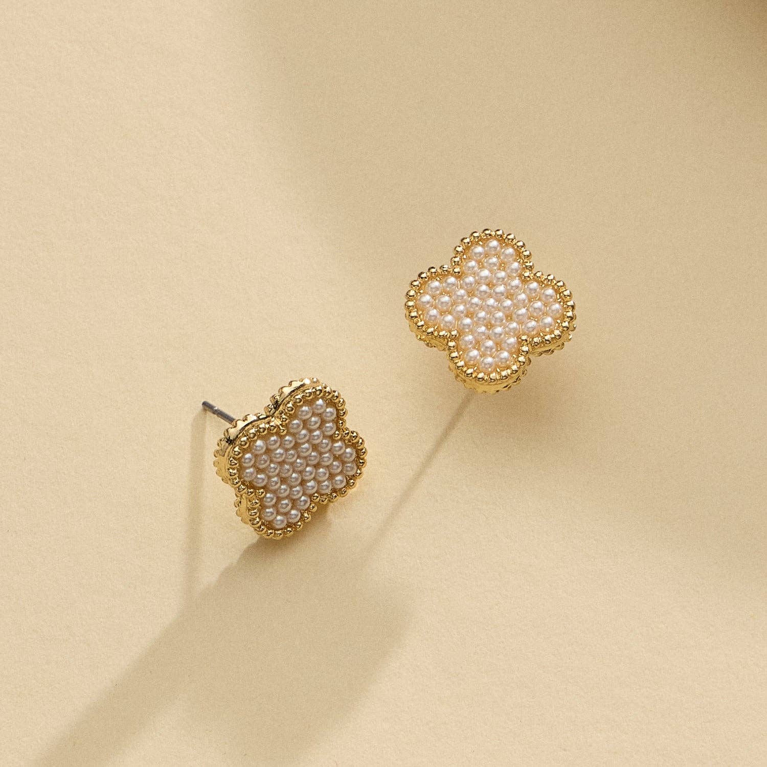 Pearl Paved Quatrefoil Shape Stud Earrings