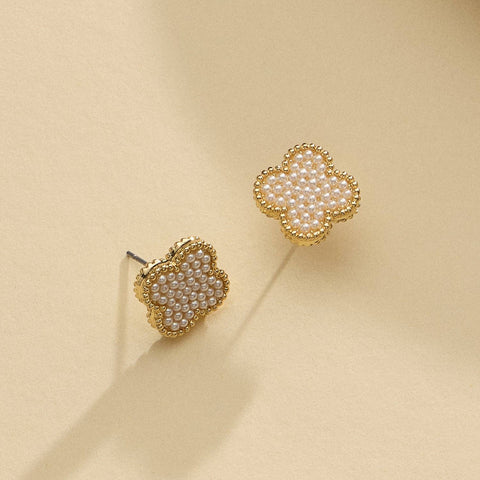 Pearl Paved Quatrefoil Shape Stud Earrings
