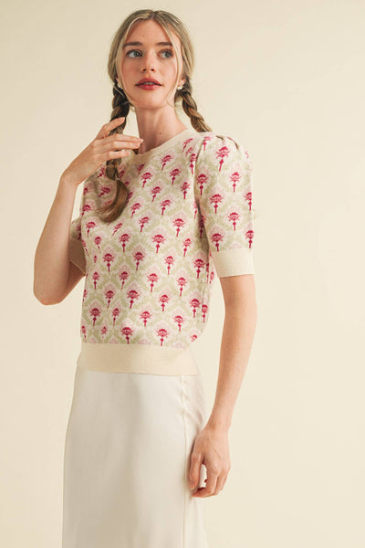 FLORAL PATTERN SHORT SLEEVE SWEATER LT BLUE SAGE MULTI