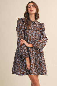 RUFFLE TRIM BUTTON DOWN MINI DRESS Brown Floral