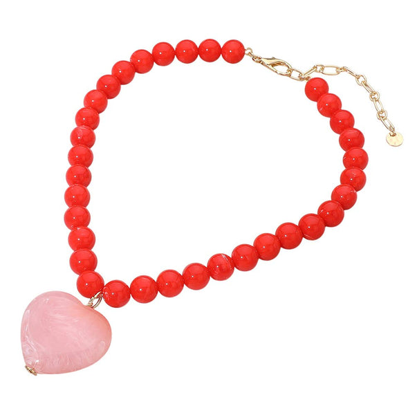 Chunky Marbled Resin Heart Charm Beaded Necklace