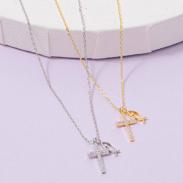 Pave Cross And Fish Charms Chain Necklace: GDCRY