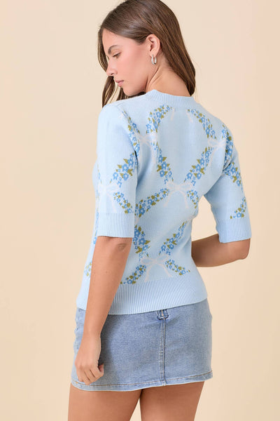 Floral Ribbon Print Sweater Knit Top: BLUE