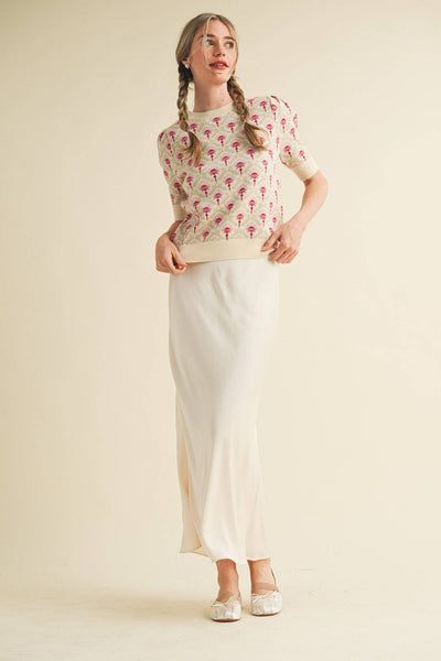 FLORAL PATTERN SHORT SLEEVE SWEATER LT BLUE SAGE MULTI