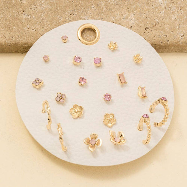 Ten Pair Assorted Flower Stud Earrings Set: GDPNK