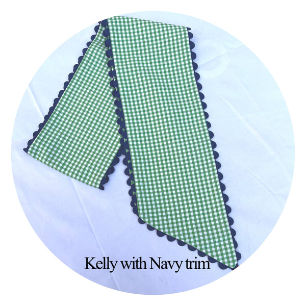 Custom Gingham Sashes with Trim: Black with Orange Trim 54"