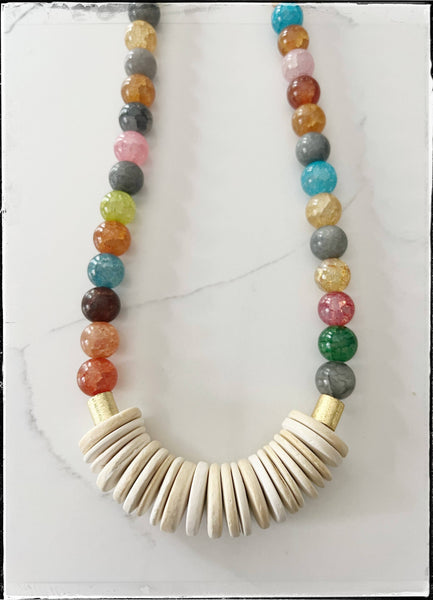 Short Gemstone Agate Bead Necklace Coconut Wood Multicolored