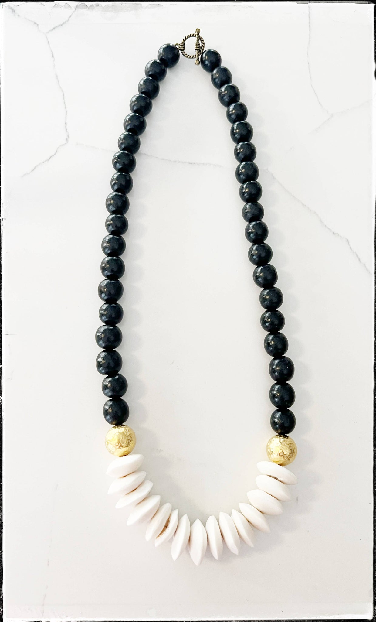Black Wood & Disk African Bone Bead Short Necklace Layering