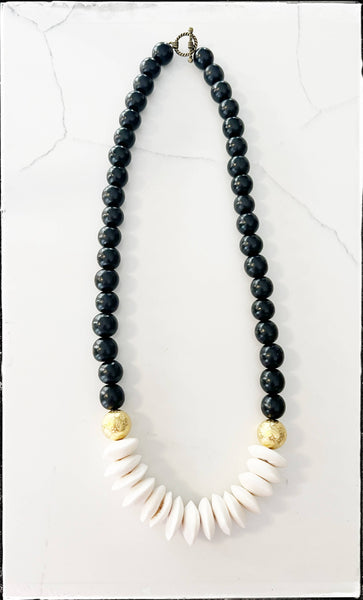 Black Wood & Disk African Bone Bead Short Necklace Layering