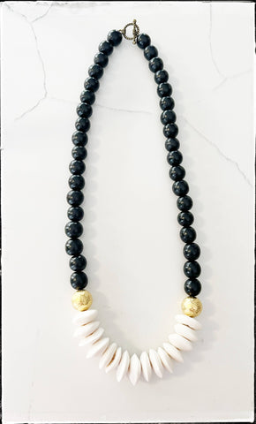 Black Wood & Disk African Bone Bead Short Necklace Layering
