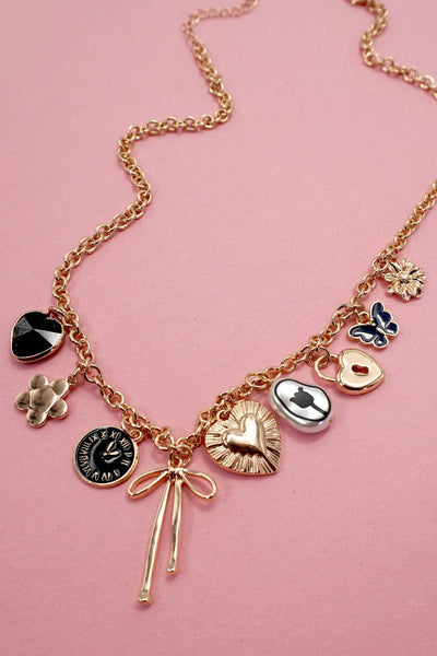 CHARM NECKLACE-HEART CLOCK BOW LOCK CHARMS