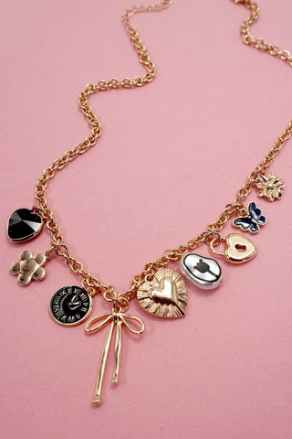 CHARM NECKLACE-HEART CLOCK BOW LOCK CHARMS