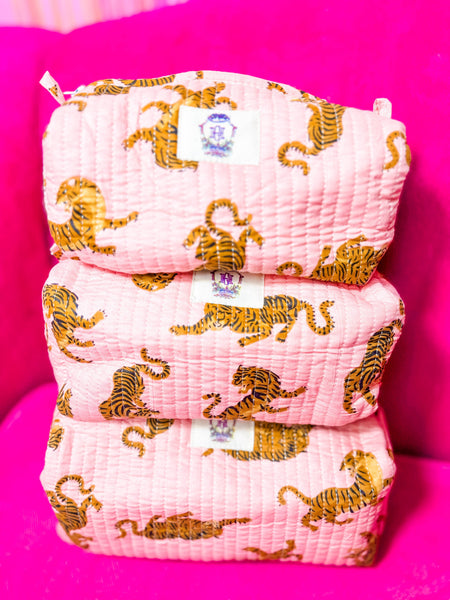 Dainty Pink Tiger Quilted Cosmetic Bags-set of 3