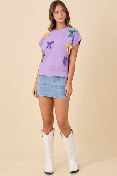 Mardi Gras Ribbon Bow Color Way Knit Top: Purple