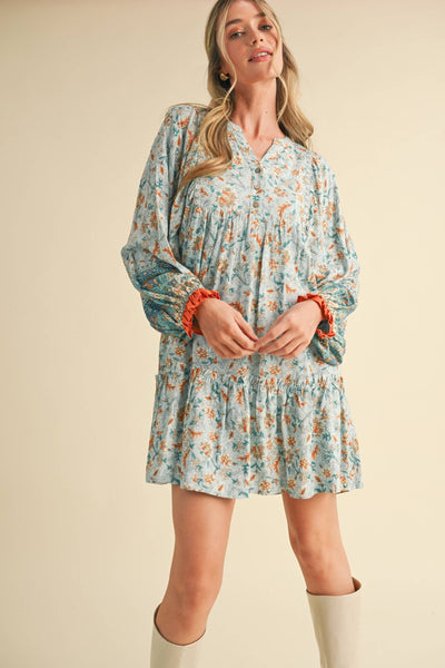 EXCLUSIVE PRINT PUFF SLEEVE TIERED BABYDOLL DRESS Camel Multi Paisley