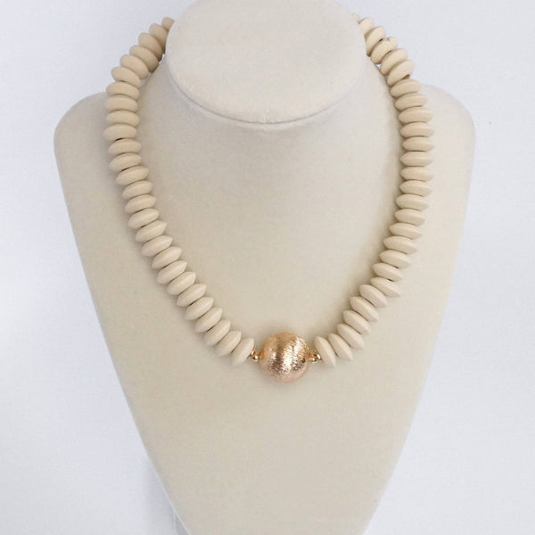 Wood Saucer Beads Short Statement Necklace Gold center Turquoise