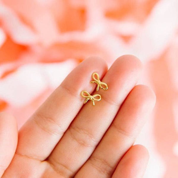 Bow Stud Earrings - Hypoallergenic, Flat Back, Girl Gift : Gold / Pair