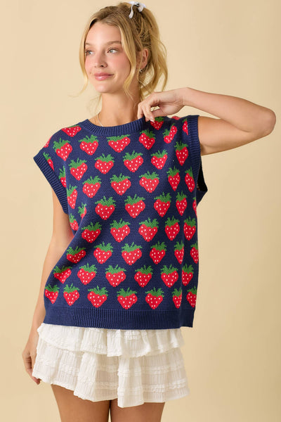 Strawberry Oversized Sleeveless Sweater Knit Top: NAVY