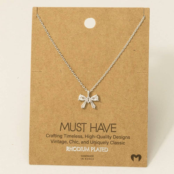 Rhinestone Ribbon Bow Pendant Necklace: