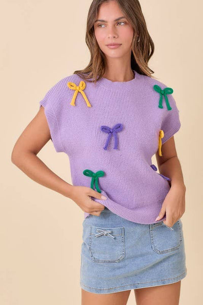 Mardi Gras Ribbon Bow Color Way Knit Top: Purple