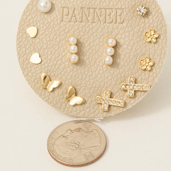 Heart Pearls Flower And Cross Stud Earrings Set