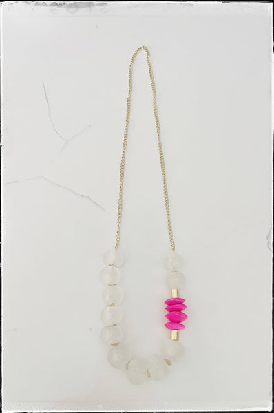 Long Chain Necklace- Recycled Glass & Pink African Bone Bead
