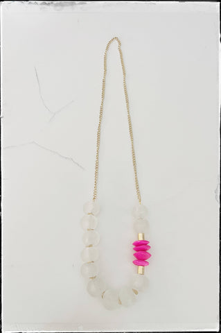 Long Chain Necklace- Recycled Glass & Pink African Bone Bead