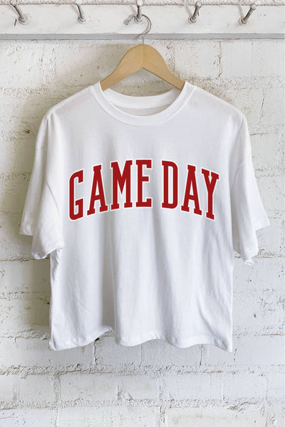 GAME DAY PUFF GRAPHIC LONG CROP TOP: NATURAL
