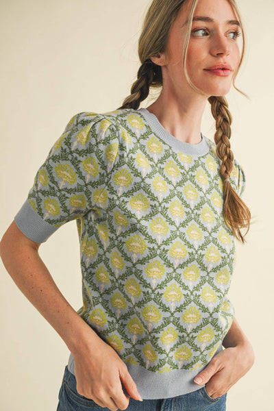 FLORAL PATTERN SHORT SLEEVE SWEATER LT BLUE SAGE MULTI