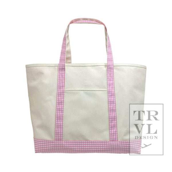 TRVL Maxi Tote - Coated Canvas Large Natural With Gingham Pink