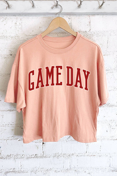 GAME DAY PUFF GRAPHIC LONG CROP TOP: NATURAL