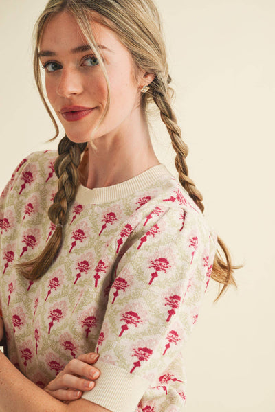 FLORAL PATTERN SHORT SLEEVE SWEATER LT BLUE SAGE MULTI