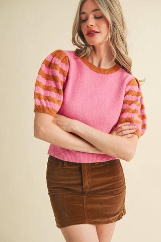 CONTRAST STRIPED PUFF SLEEVE SWEATER MSW10887: Pink
